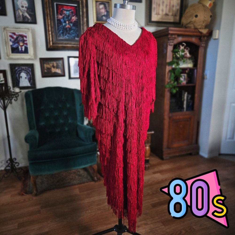 Vintage 80s Red Fringe V-Neck Cocktail Dress Dramatic Tassel Party Dress Evening